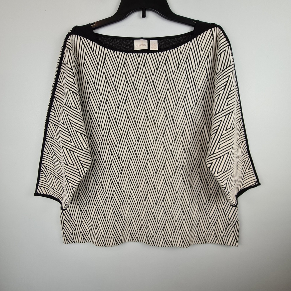 Chico's Black White Geometric Boat Neck Knit Top Size 2 Large Dolman Sleeve
